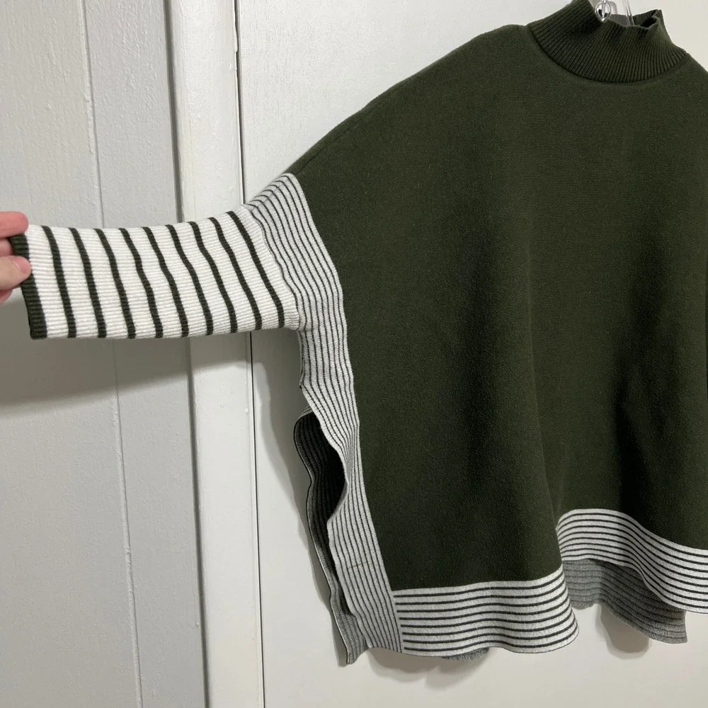 Womens Olive Green Mock Neck Striped‎ Sleeve Poncho Sweater Knit Top One Size